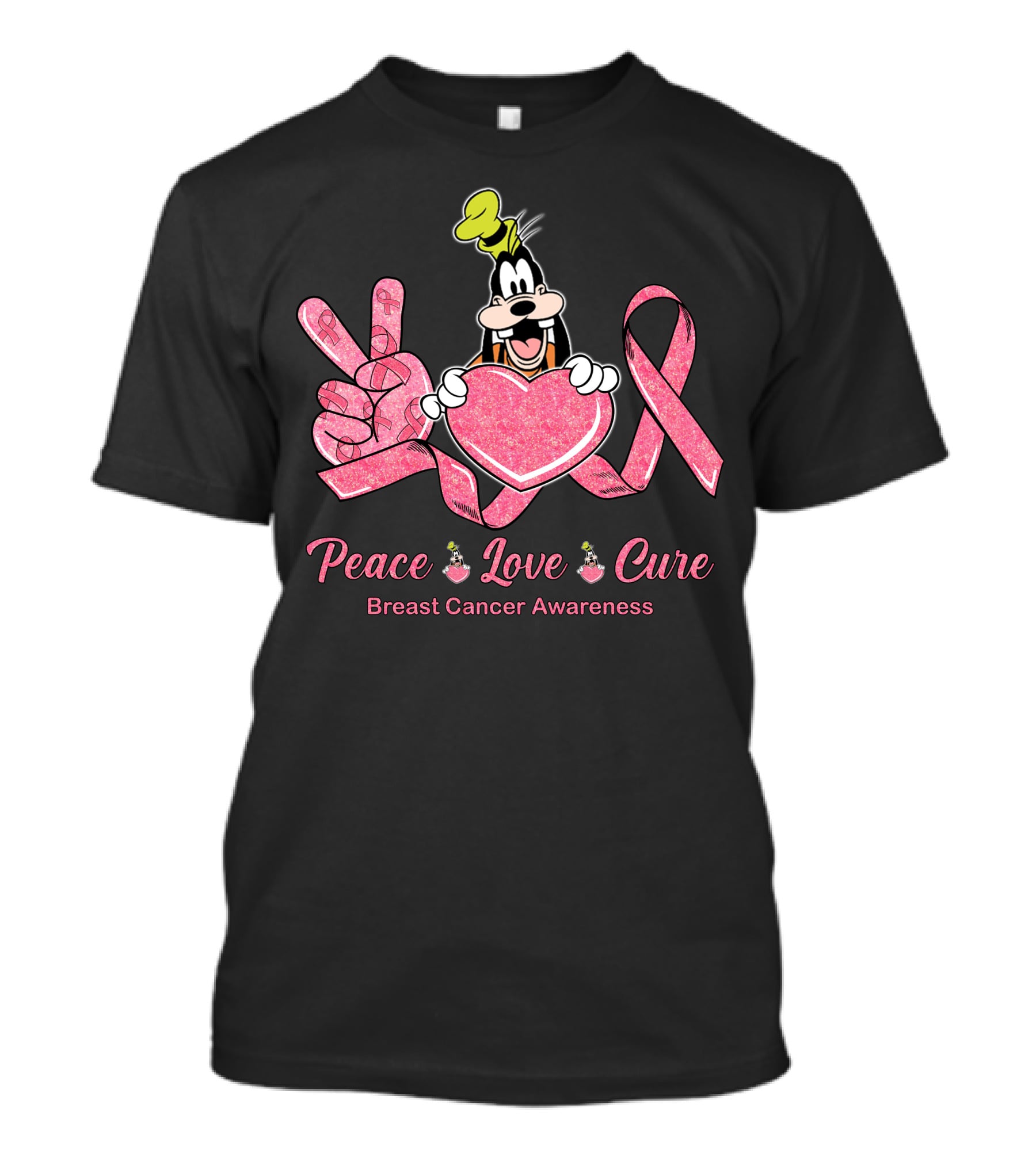 Peace Love Cure Breast Cancer Awareness Goofy T-Shirt