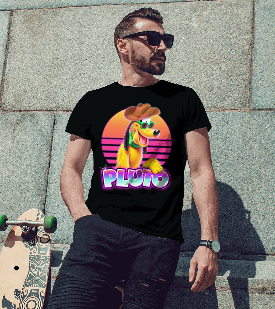 Pluto Retro Sunset Neon Style With Sunglasses And Cowboy Hat T-Shirt