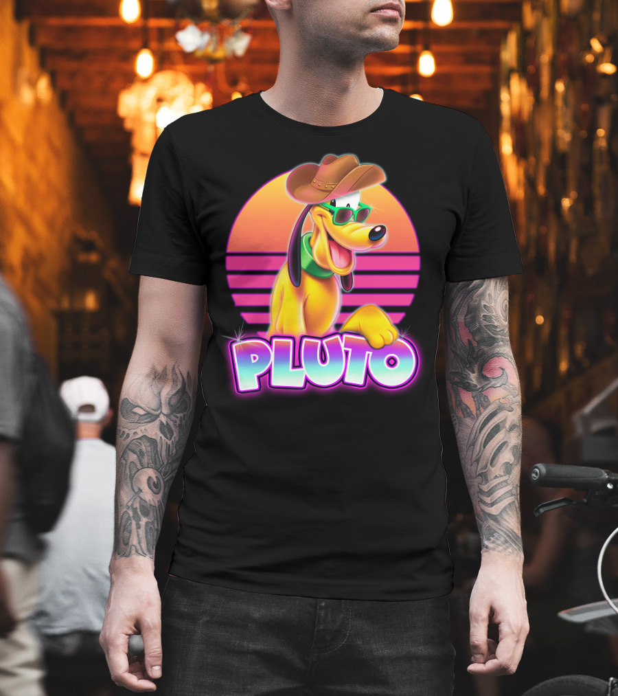 Pluto Retro Sunset Neon Style With Sunglasses And Cowboy Hat T-Shirt