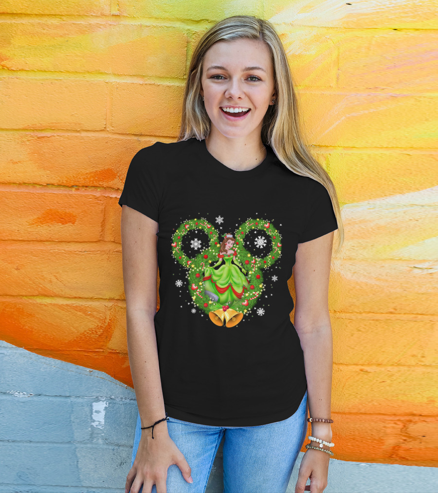 Belle Christmas Wreath Mickey Ears Snowflakes And Bells T-Shirt