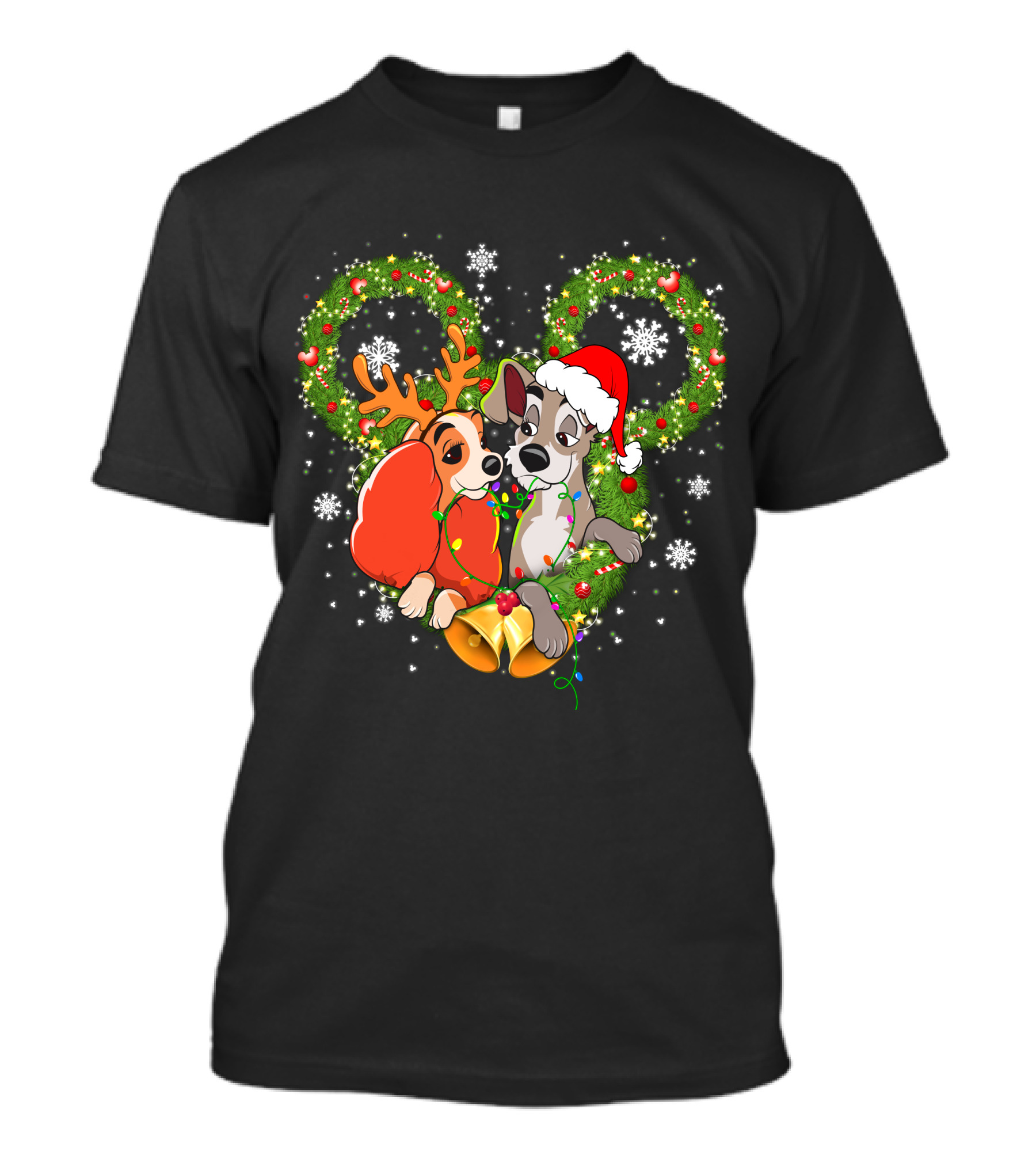 Lady And The Tramp Christmas Wreath Mickey Ears Snowflakes T-Shirt