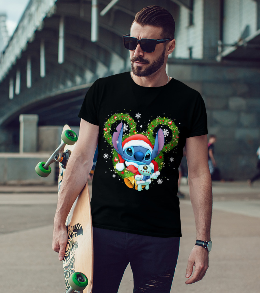 Stitch Santa Christmas Wreath Lilo And Stitch Disney Holiday T-Shirt