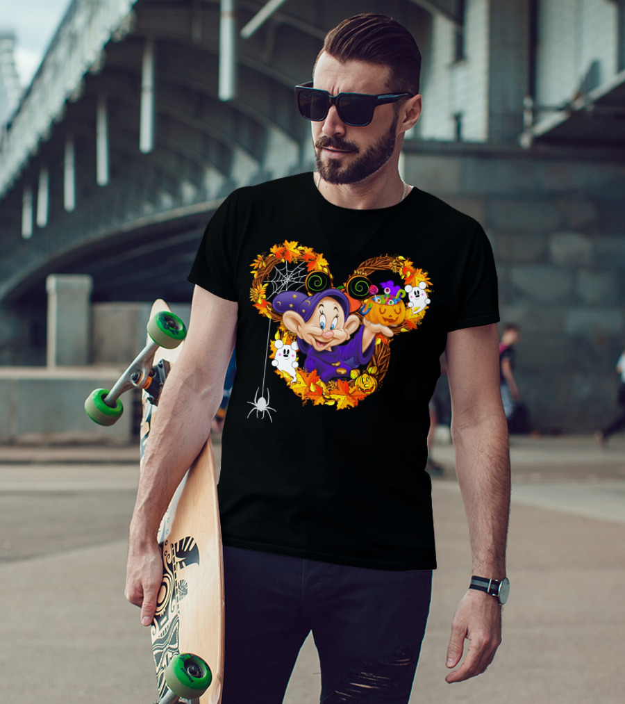 Dopey Halloween Mickey Ears Autumn Leaves Ghosts And Pumpkins T-Shirt