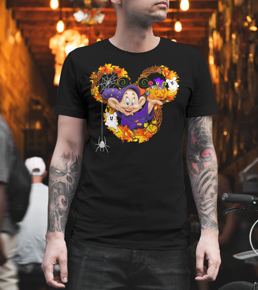 Dopey Halloween Mickey Ears Autumn Leaves Ghosts And Pumpkins T-Shirt