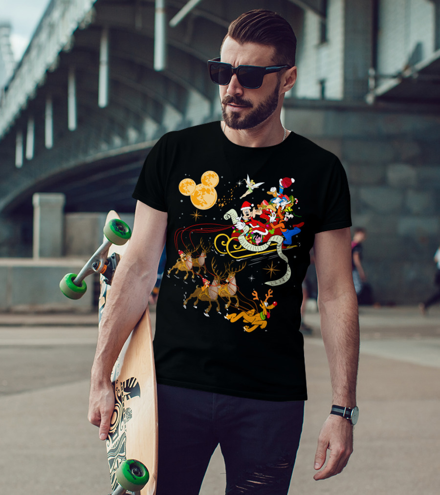 Mickey And Friends Christmas Sleigh Ride With Santa And Reindeer T-Shirt