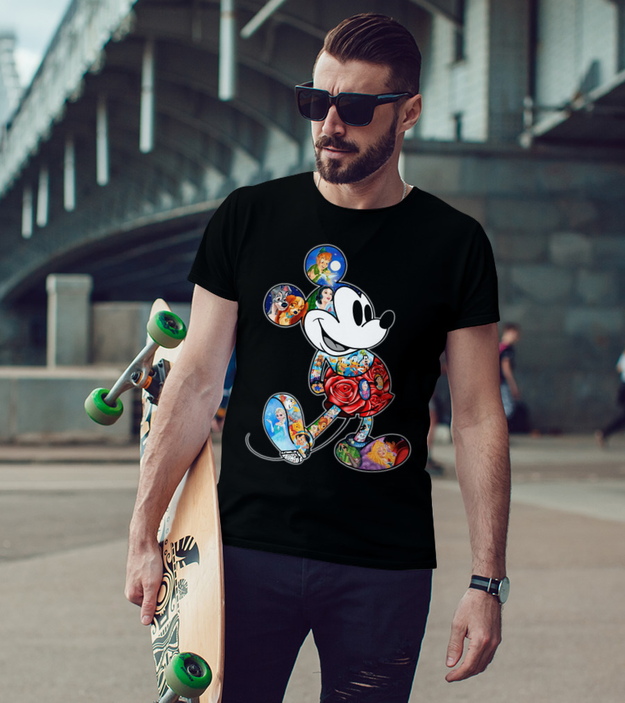 Mickey Mouse Collage Featuring Classic Disney Characters T-Shirt