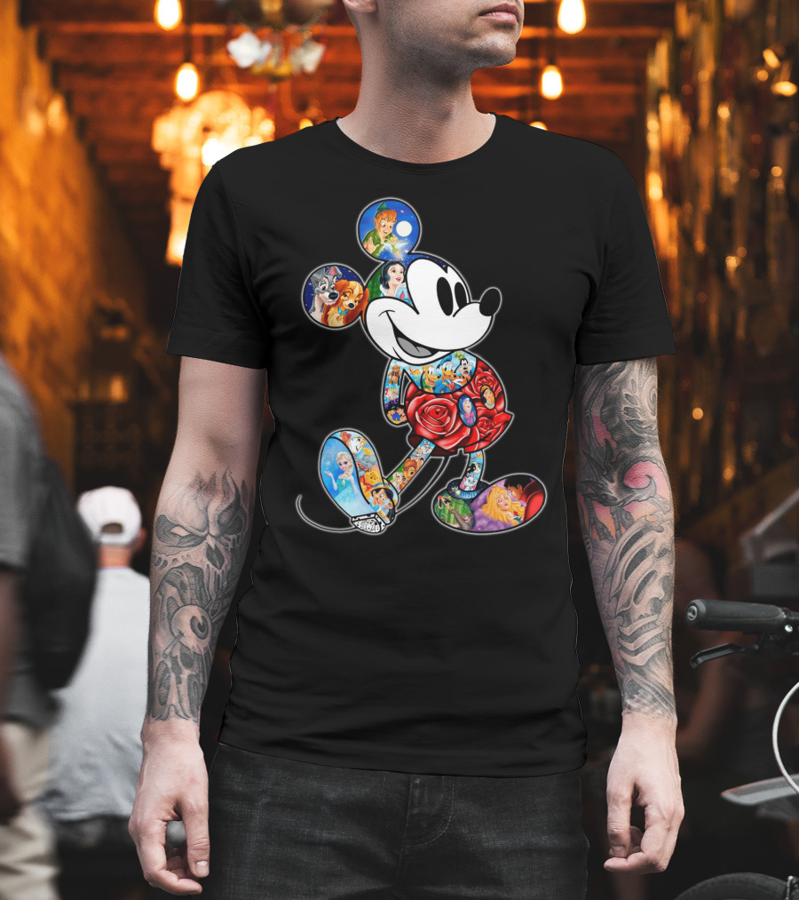Mickey Mouse Collage Featuring Classic Disney Characters T-Shirt