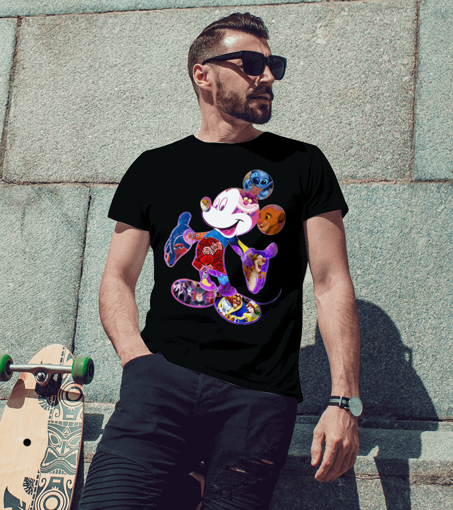 Mickey Mouse Collage Featuring Disney Characters From Lilo & Stitch The Lion King Finding Nemo Winnie The Pooh The Little Mermaid Beauty And The Beast T-Shirt