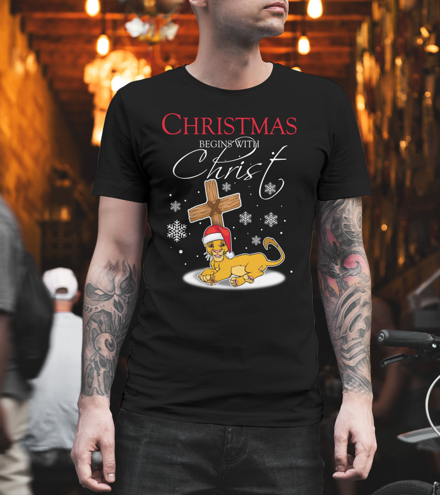Christmas Begins With Christ Simba Snowflakes Santa Hat T-Shirt