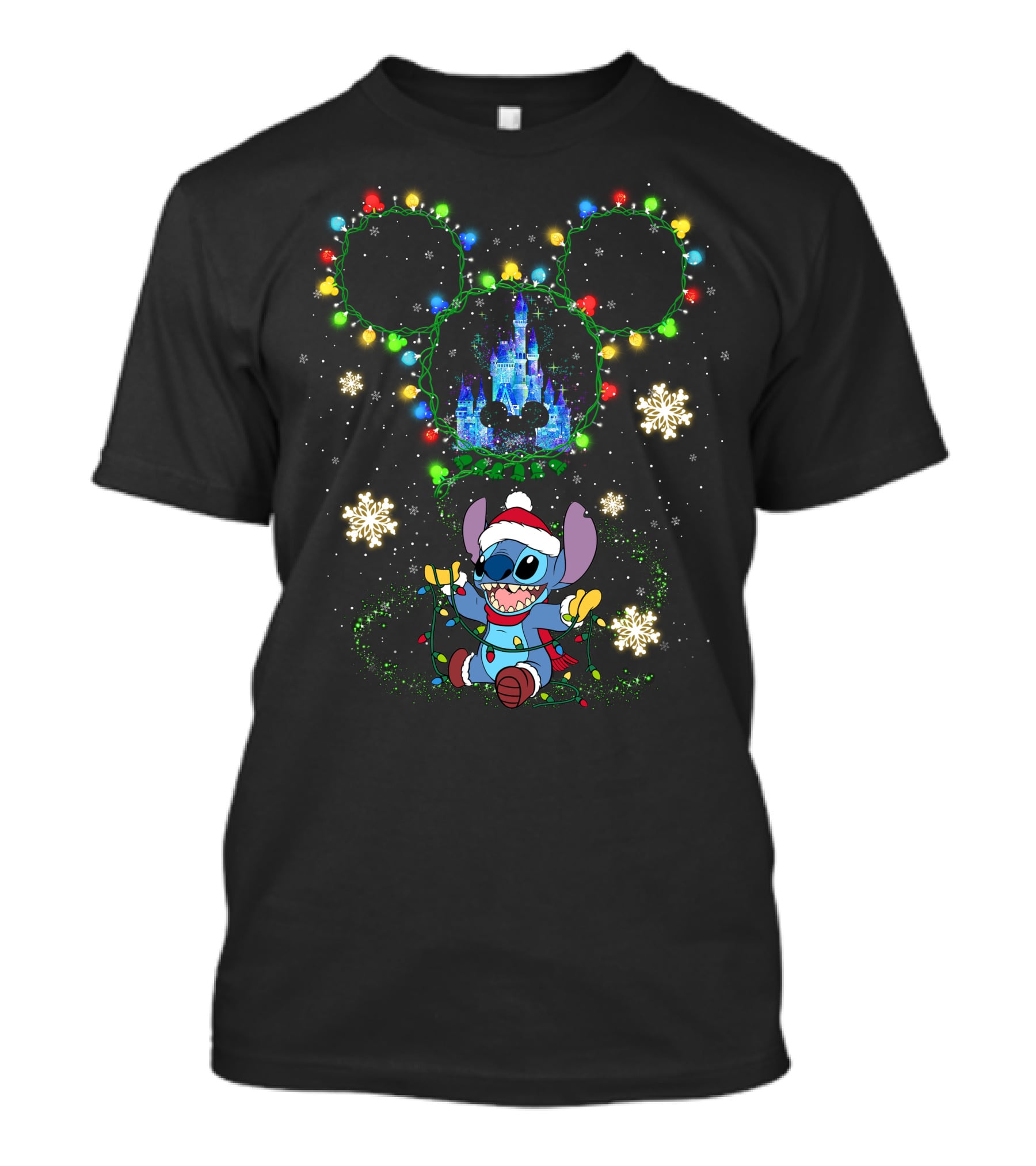 Disney Stitch Christmas Castle Lights Mickey Ears T-Shirt