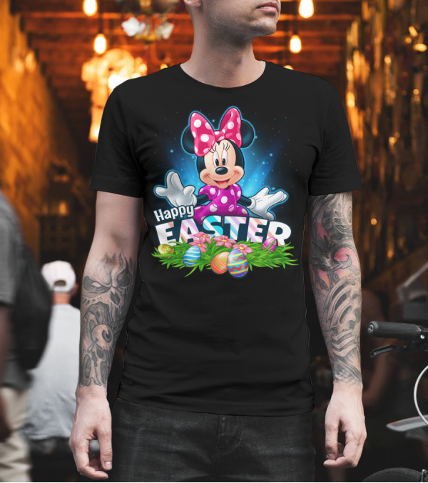 MINNIE Happy Easter Colorful Eggs and Pink Bow T-Shirt MINNIE Happy Easter Colorful Eggs and Pink Bow T-Shirt