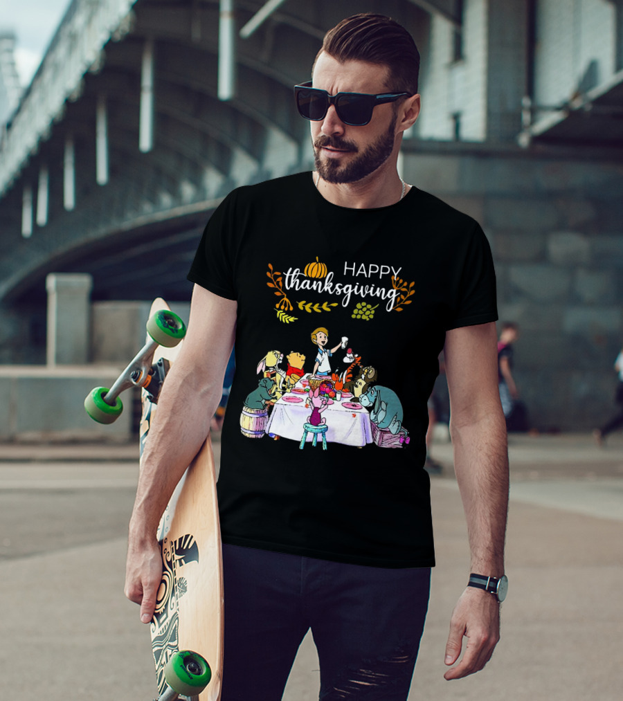 Winnie The Pooh Happy Thanksgiving Celebration With Friends At Dining Table T-Shirt
