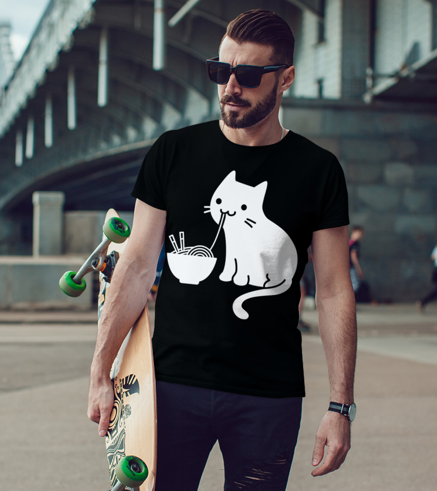 Chat Mignon Manger Ramen Essentiel Blanc Noir T-Shirt