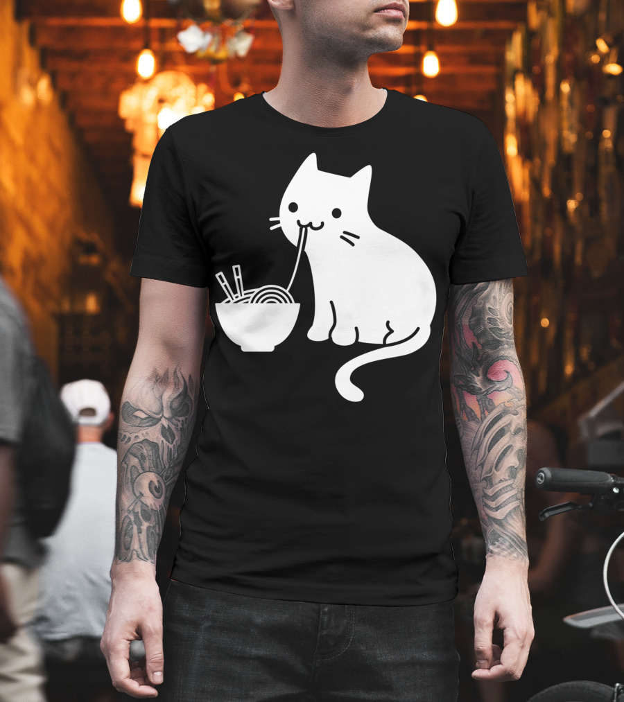 Chat Mignon Manger Ramen Essentiel Blanc Noir T-Shirt