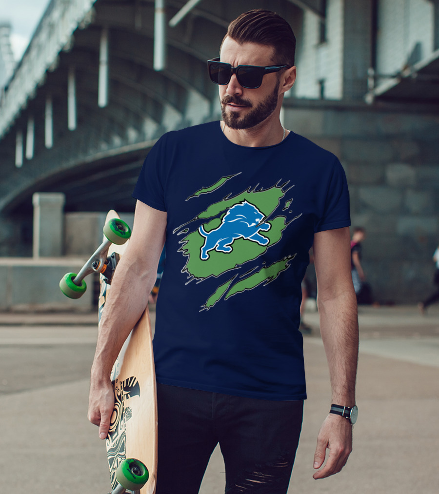 Detroit Lions Blue Roaring Lion With Claw Marks T-Shirt