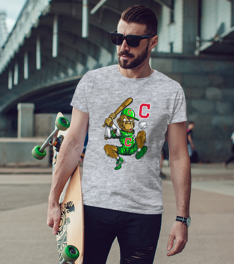 Cleveland Indians Home Run C Logo Green Jersey Baseball Bat Mascot T-Shirt
