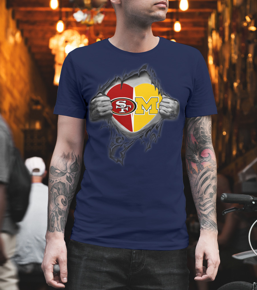 San Francisco 49ers Michigan Wolverines Heart Loyalty Fusion T-Shirt