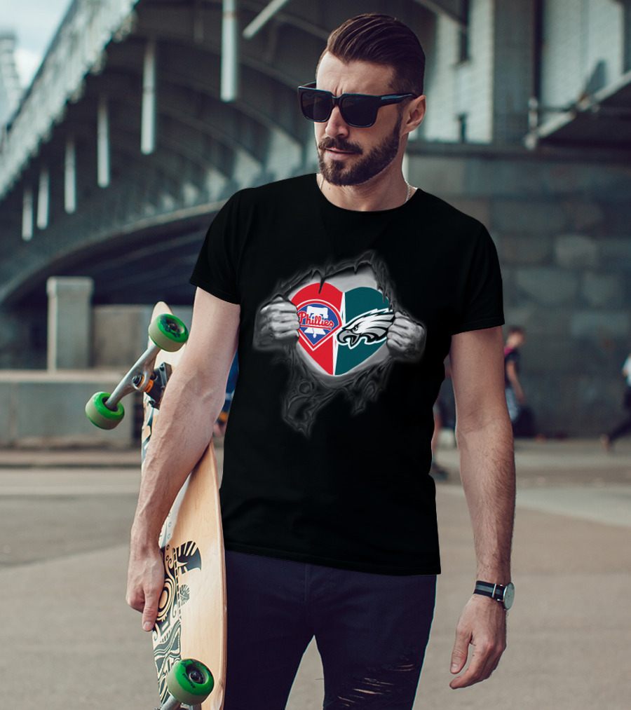 Philadelphia Eagles Phillies Heart Logo Inside Torn Fabric T-Shirt