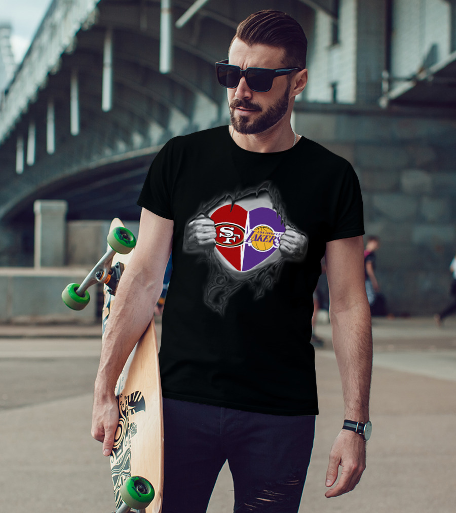 Sf 49ers La Lakers Heart Holding Logos T-Shirt