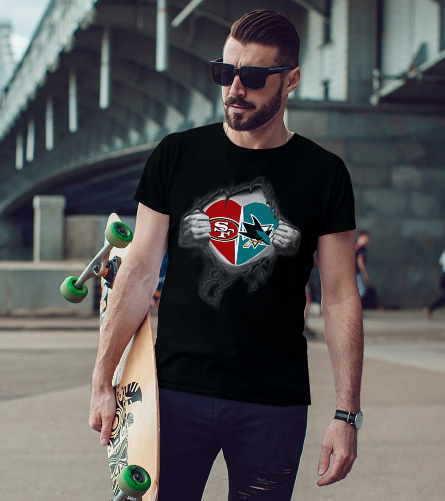 Sf 49ers San Jose Sharks Heart Symbol With Logos T-Shirt