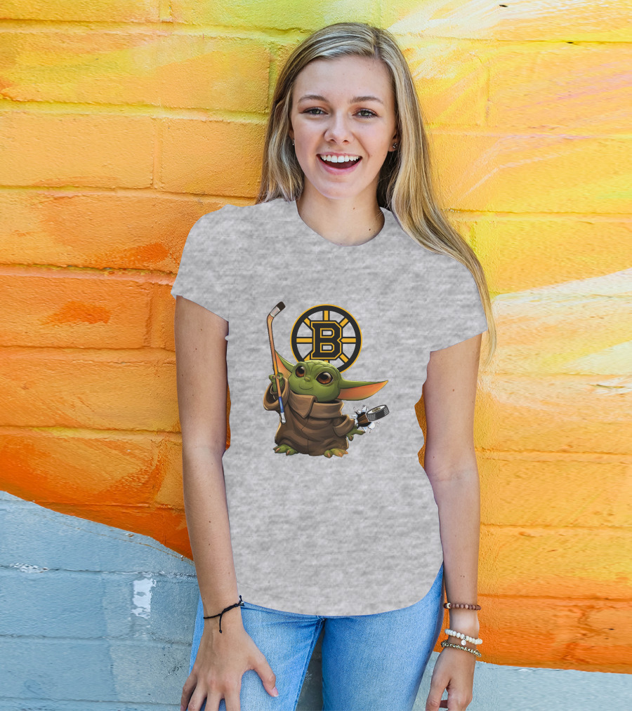 Boston Bruins Baby Yoda Hockey Stick Puck Character T-Shirt