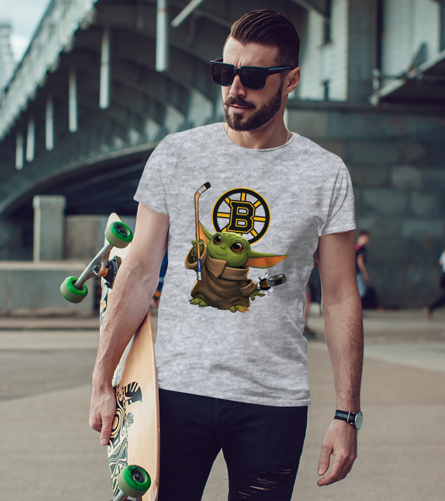 Boston Bruins Baby Yoda Hockey Stick Puck Character T-Shirt