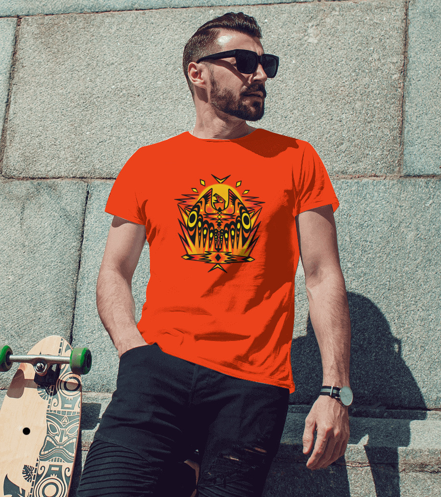 Howl Out Golden Eagle Rises Tribal Pattern On Bold Orange Background T-Shirt