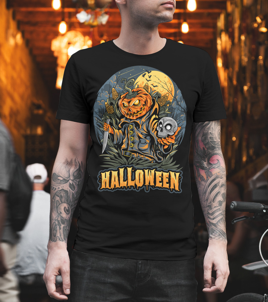 Halloween Pumpkin Head With Knife And Skull In Cornfield Scene T-Shirt