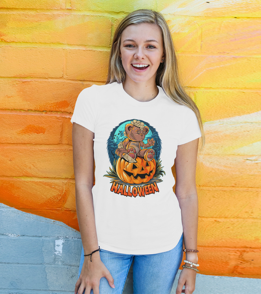 Halloween Teddy Bear On Pumpkin With Moon And Bats T-Shirt