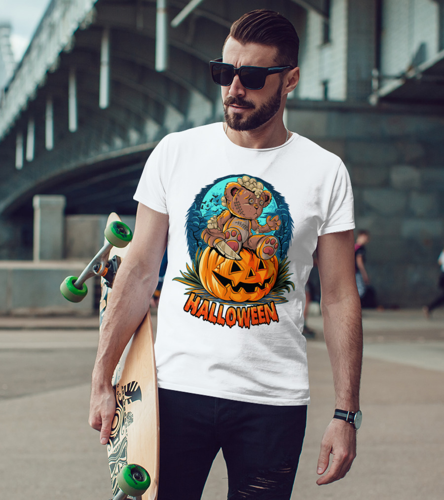 Halloween Teddy Bear On Pumpkin With Moon And Bats T-Shirt