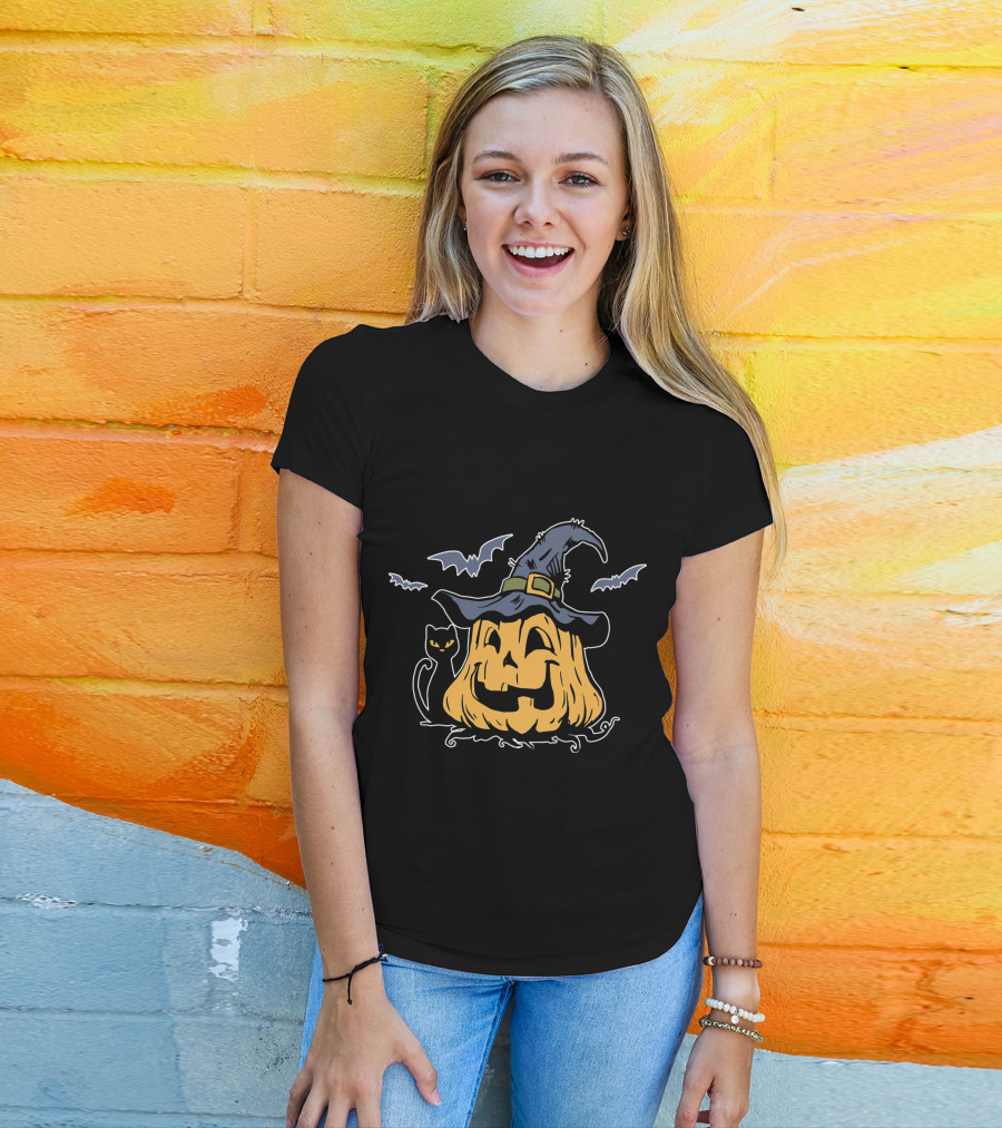 Pumpkin Black Cat Witch Hat Bats Everyday Is Halloween T-Shirt