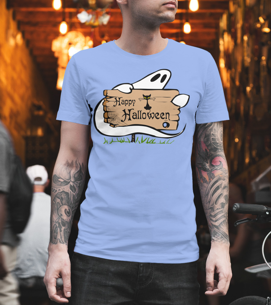 Happy Halloween Ghost With Black Cat And Spider Web T-Shirt