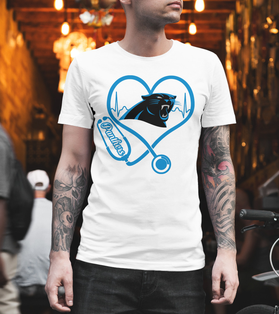 Carolina Panthers Nurse Love Stethoscope Heartbeat Panthers T-Shirt
