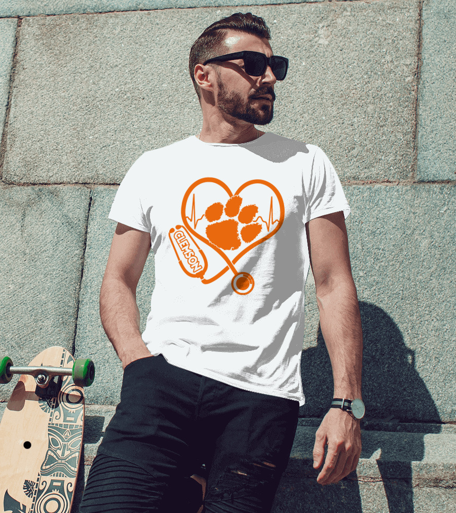 Clemson Tigers Nurse Heartbeat Paw Stethoscope T-Shirt