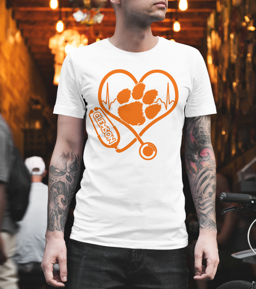 Clemson Tigers Nurse Heartbeat Paw Stethoscope T-Shirt