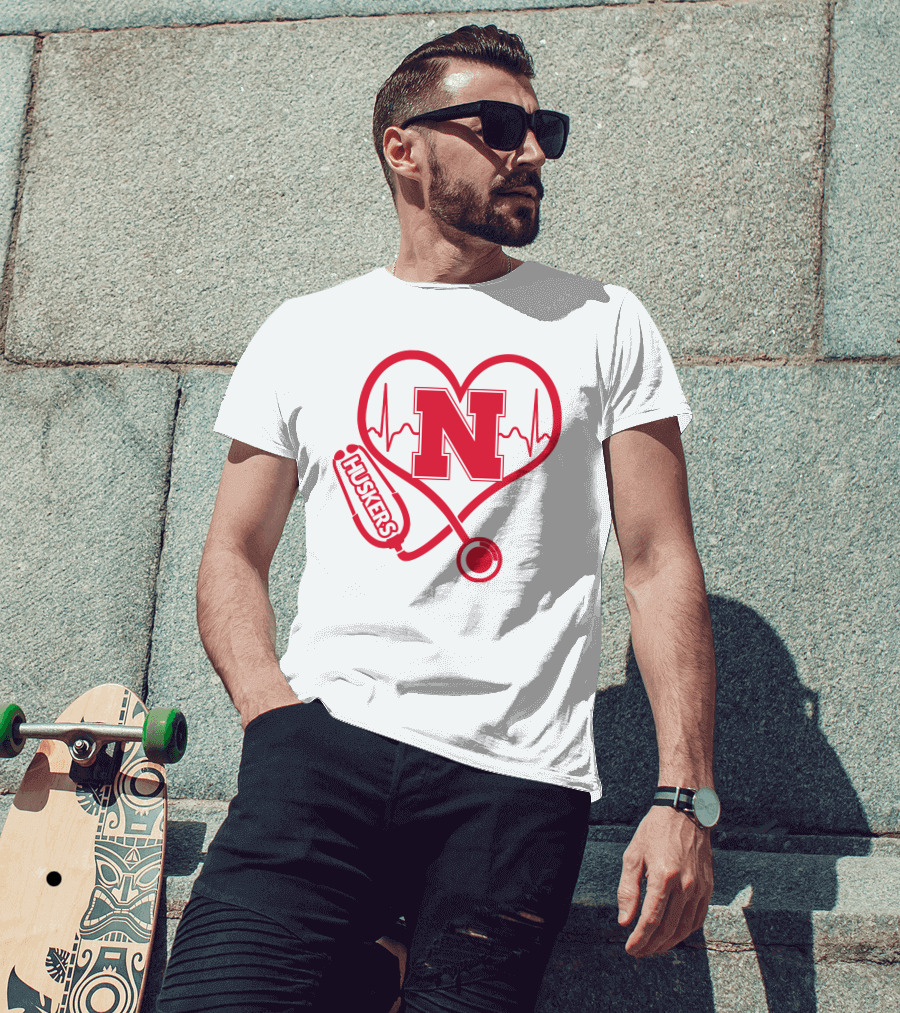 Nurse Love Nebraska Huskers Heartbeat Stethoscope T-Shirt