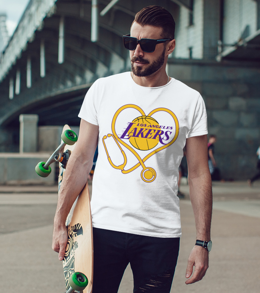 Los Angeles Lakers Heart Stethoscope Nurse Love T-Shirt