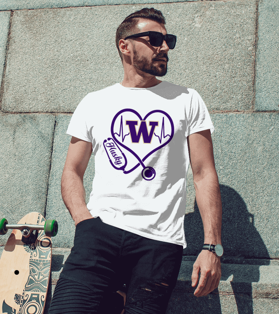 Washington Huskies Nurse Love Stethoscope Heartbeat T-Shirt