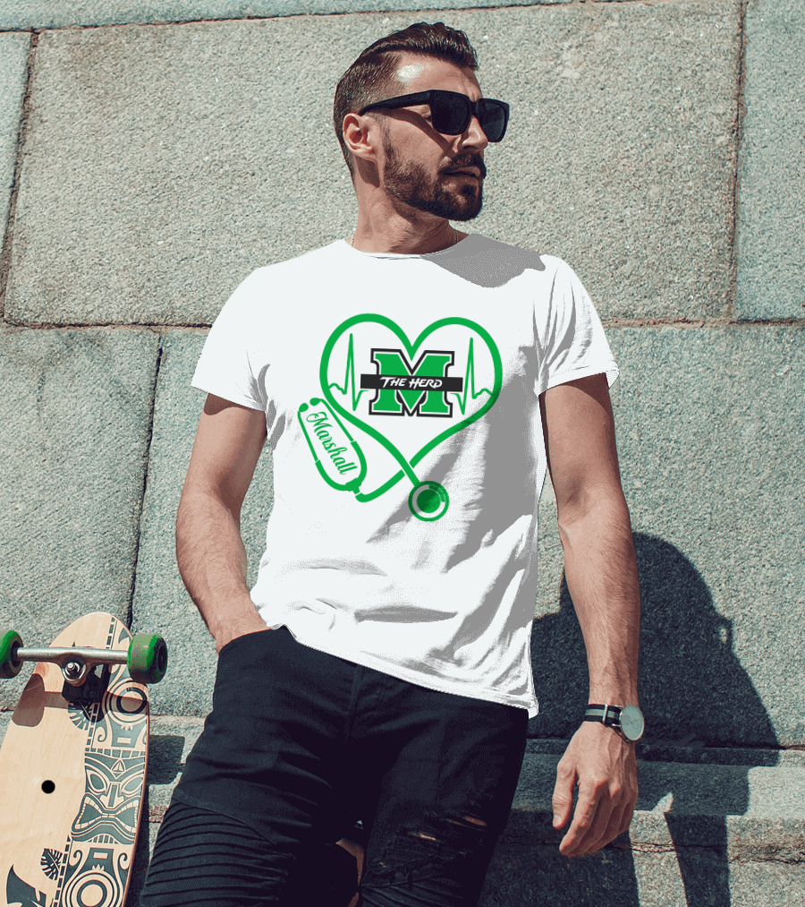 Marshall Thundering Herd Nurse Love Heartbeat Stethoscope T-Shirt