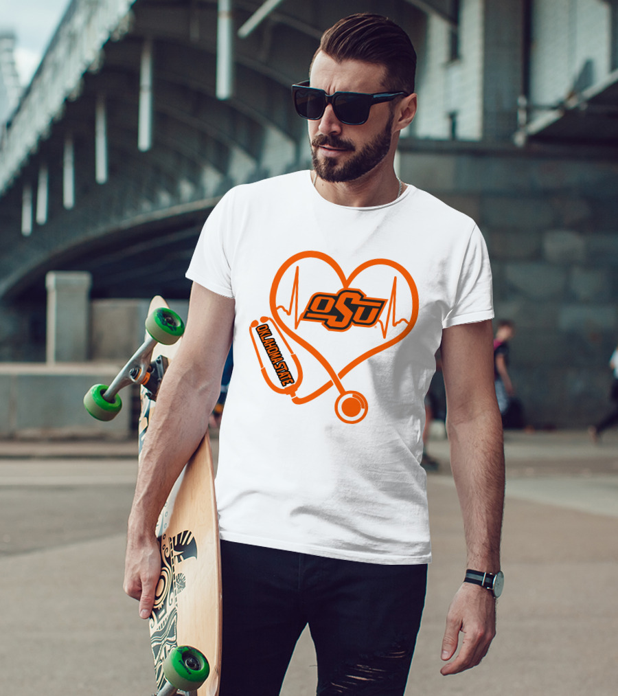 Oklahoma State Cowboys Nurse Love Heart Stethoscope T-Shirt