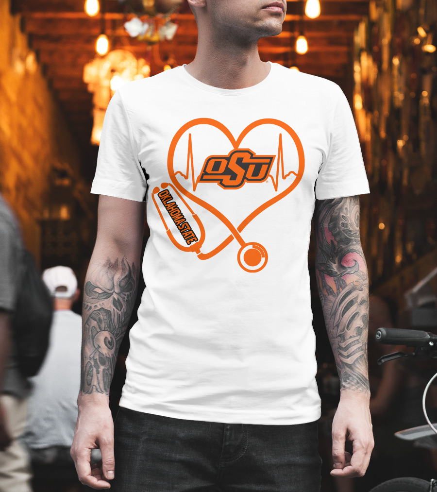 Oklahoma State Cowboys Nurse Love Heart Stethoscope T-Shirt