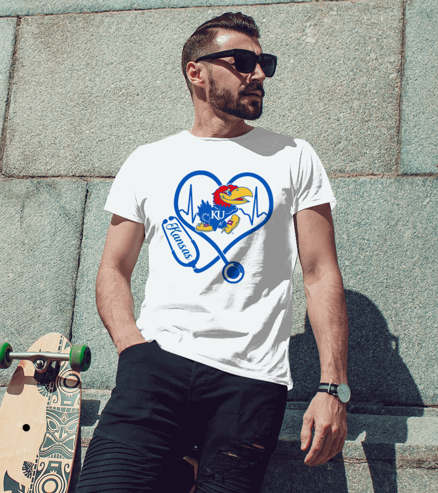 Nurse Love Kansas Jayhawks Heartbeat Stethoscope KU T-Shirt