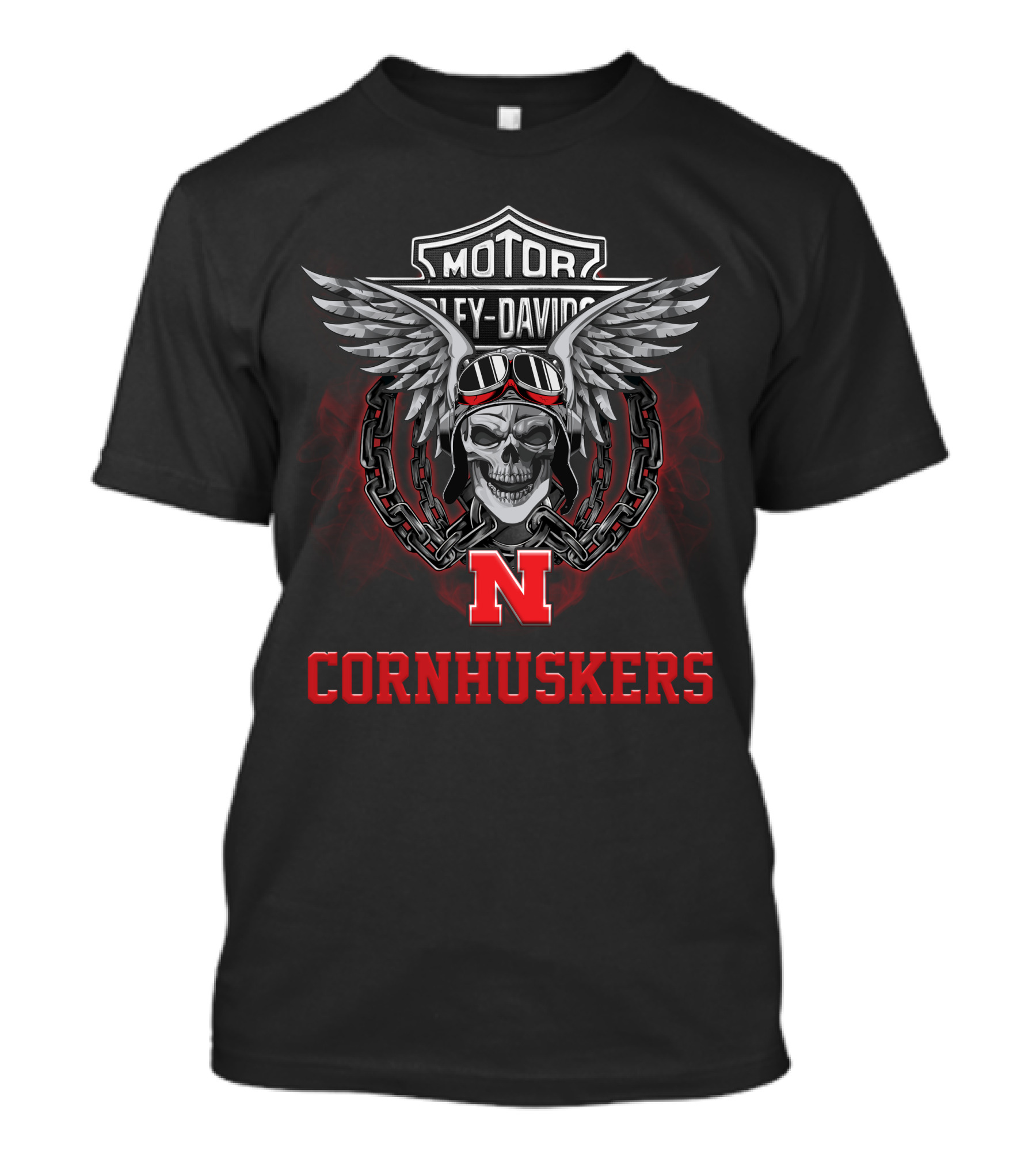 Harley Davidson Motor Ncaa Nebraska Cornhuskers Skull Wings Chains N T-Shirt