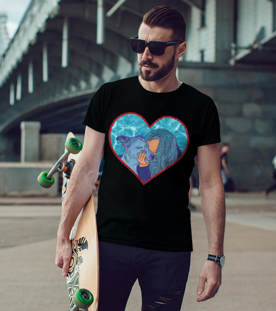 Adopt Don't Shop Heart Embrace Of Woman And Dog In Blue And Red Heart T-Shirt