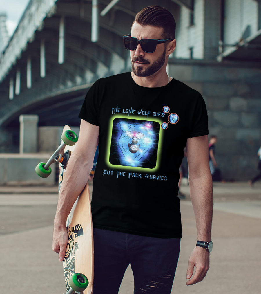 The Lone Wolf Dies But The Pack Survives Glowing Wolf Face In Galactic T-Shirt