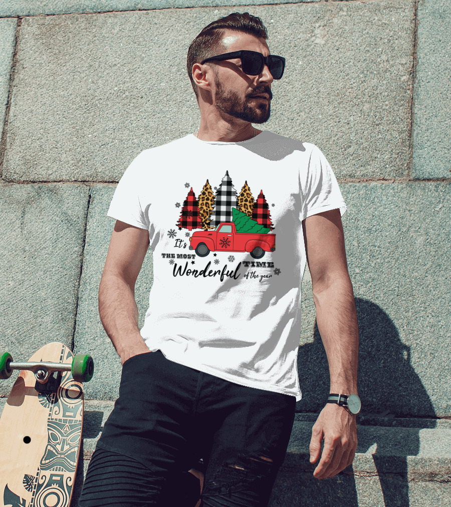 It's The Most Wonderful Time Of The Year Plaid And Leopard Pine Trees Red Truck T-Shirt