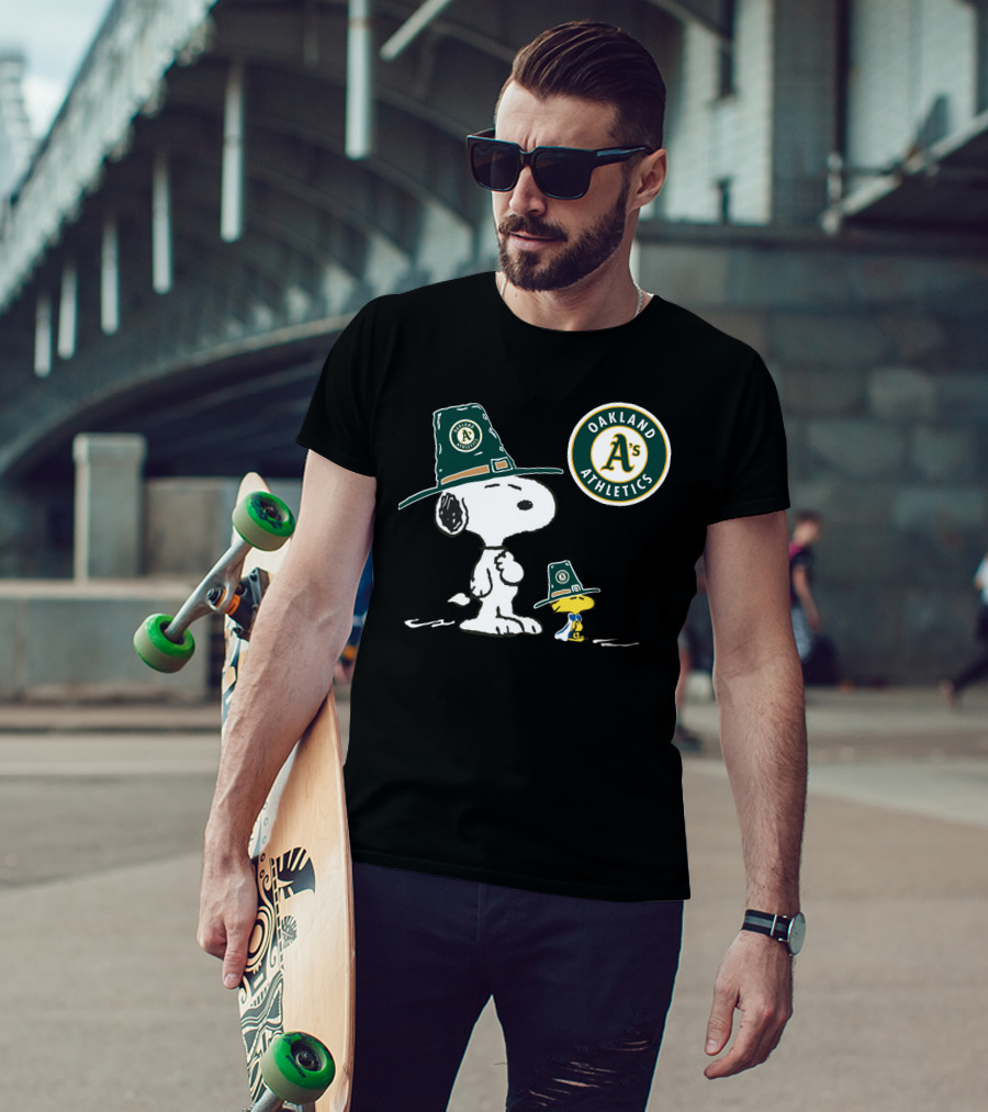Oakland Athletics Snoopy And Woodstock Wearing Team Hats T-Shirt