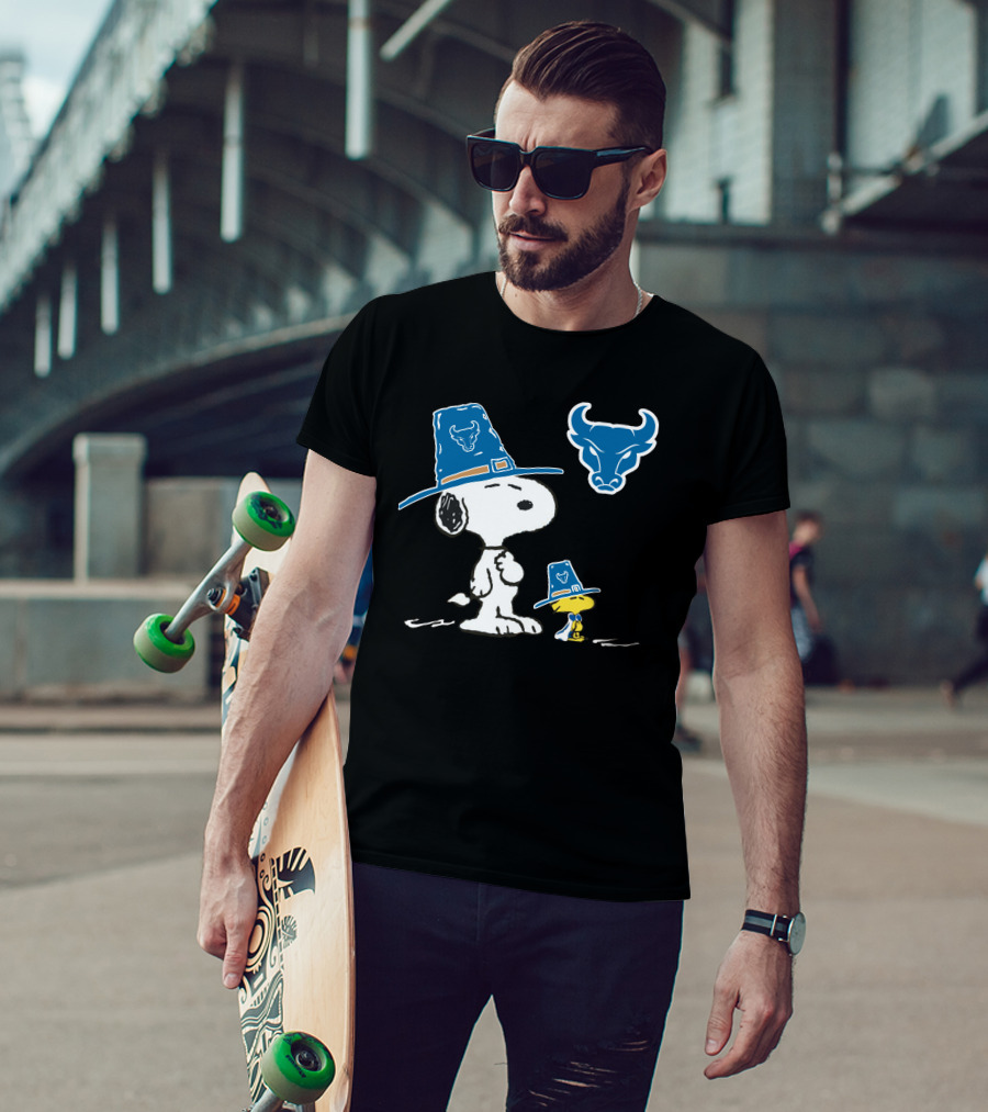 Buffalo Bulls Snoopy Woodstock Blue Pilgrim Hat T-Shirt