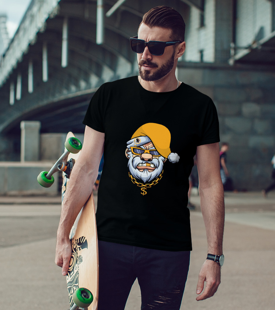 Santa With Gangster Style Gold Hat And Chain Featuring Washington Football Team T-Shirt