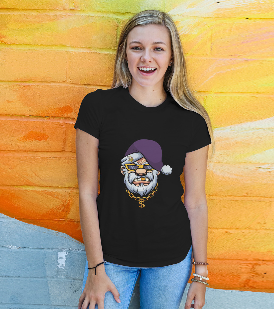 Vikings Gangster Santa With Purple Hat And Gold Chain T-Shirt